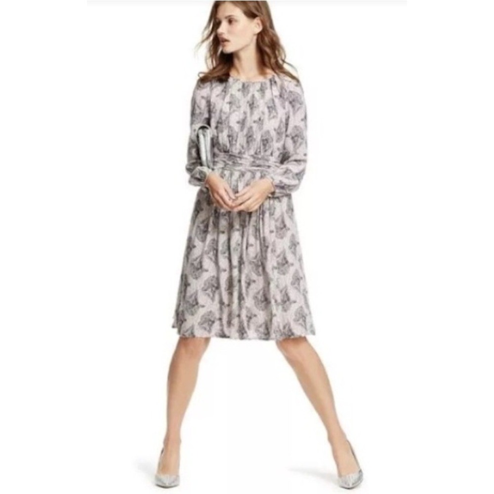Boden Selina Dress 6 Mauve Botanical Feather Print Ruched Waist‎ Feminine Preppy